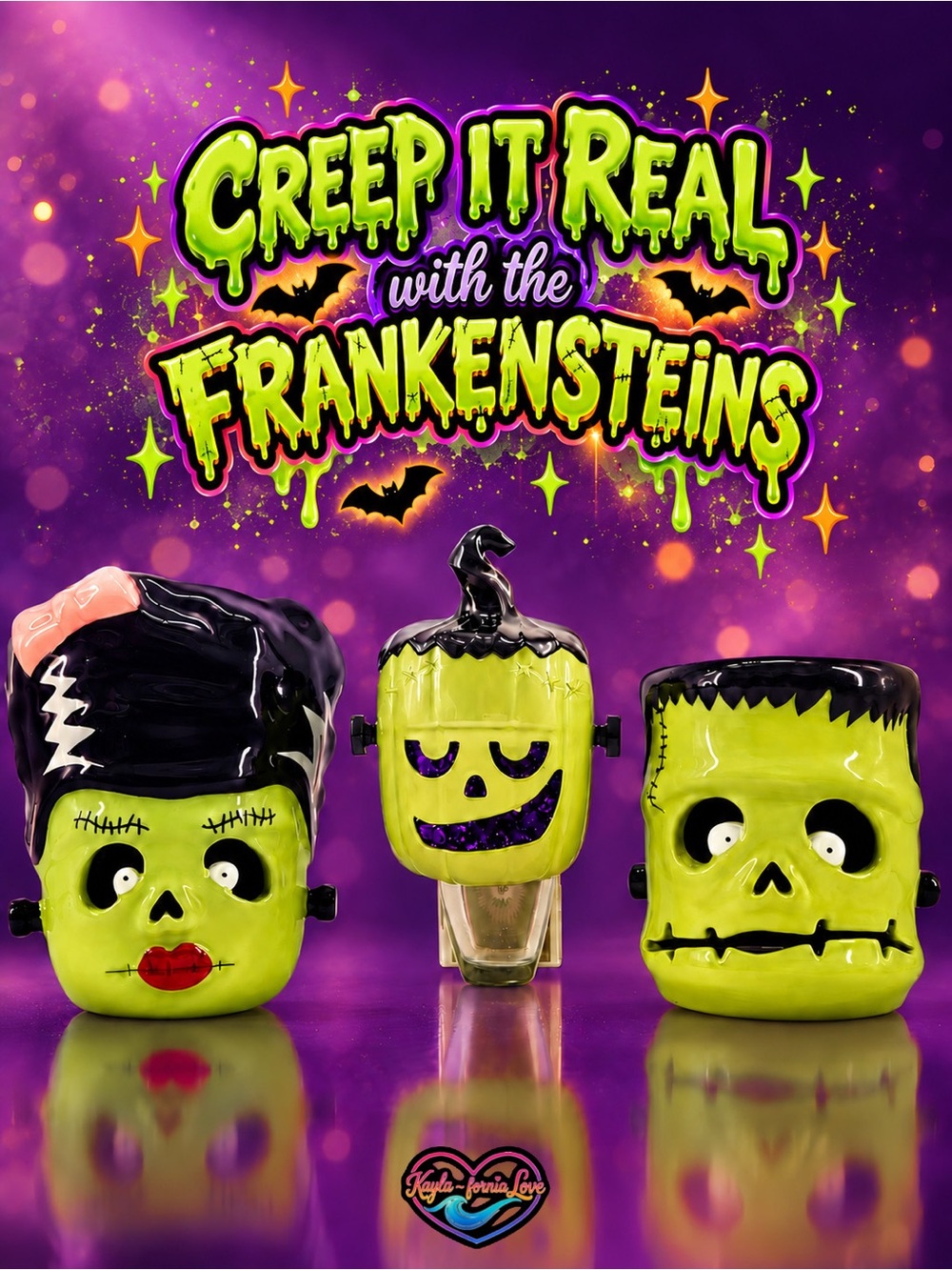 Bath & Body Works Frankenstein Bride Candle Holders Franken Pumpkin 3pc Set